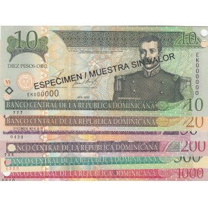 Dominican Republic, 10 Pesos, 20 Pesos, 50 Pesos, 200 Pesos, 500 Pesos and 1000 Pesos, 2002/2010, UNC, (Total 6 banknotes), SPECIMEN