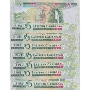East Caribbean States, 5 Dollars, 2008, UNC, p47a, (Total 7 banknotes)