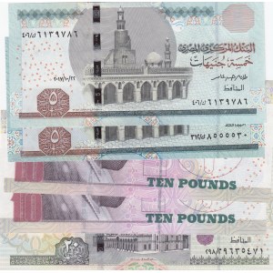 Egypt, 5 Pounds (2), 10 Pound s(2) and 20 Pounds, 2006/2016, UNC, (Total 5 banknotes)