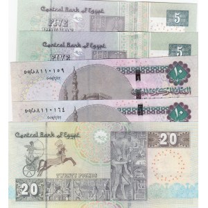 Egypt, 5 Pounds (2), 10 Pound s(2) and 20 Pounds, 2006/2016, UNC, (Total 5 banknotes)