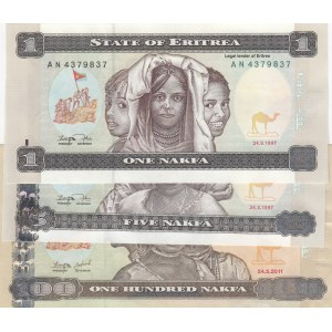 Eritrea, 1 Nakfa, 5 Nakfa and 100 Nakfa, 1997/2011, XF /UNC, (Total 3 banknotes)