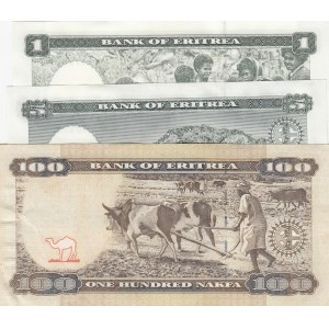 Eritrea, 1 Nakfa, 5 Nakfa and 100 Nakfa, 1997/2011, XF /UNC, (Total 3 banknotes)