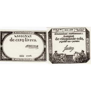 France, Assginat, 50 Sols and 5 Livres, 1793, UNC, pA70, pA76, (Total 2 banknotes)