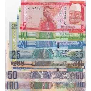Gambia, 5 Dalasis, 10 Dalasis, 20 Dalasis, 25 Dalasis, 50 Dalasis, 100 Dalasis (2) and 200 Dalasis, UNC, (Total 8 banknotes)