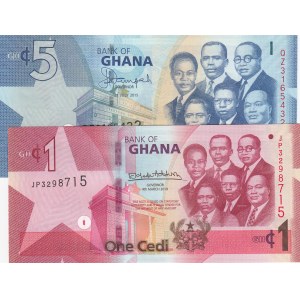 Ghana, 1 Cedi and 5 Cedis, 2015/2019, UNC, p38, pNew, (Total 2 banknotes)