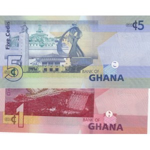 Ghana, 1 Cedi and 5 Cedis, 2015/2019, UNC, p38, pNew, (Total 2 banknotes)