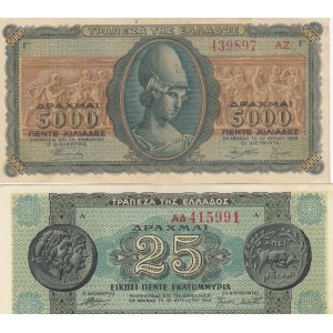 Greece, 25 Drachmai and 5.000 Drachmai, 1943/1944, XF, p122, p130, (Total 2 banknotes)