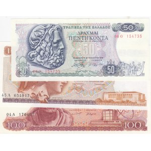Greece, 50 Drachmai and 100 Drachmai (2) 1967/1978, UNC, p196b, p199, p200b, (Total 3 banknotes)