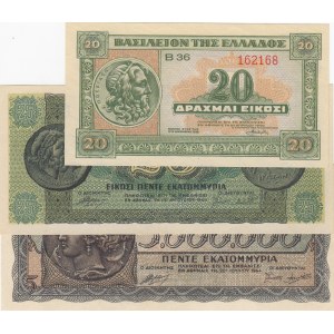 Greece, 20 Drachmai, 25 Million Drachmai and 5.000.000 Drachmai, 1940/1944, UNC, p128b, p130, p318, (Total 3 banknotes)