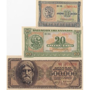 Greece, 10 Drachmai, 20 Drachmai and 500.000 Drachmai, 1942/1944, UNC, (Total 4 banknotes)