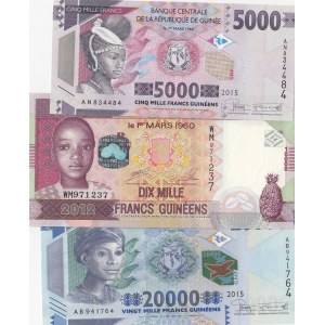 Guinea, 5.000 Francs, 10.000 Francs and 20.000 Francs, 2012/2015, UNC, p46, p47, p48, (Total 3 banknotes)