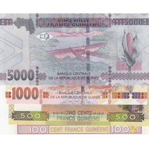 Guinea, 100 Francs, 500 Francs, 1.000 Francs and 5.000 Francs, 2006/2015, UNC, p35b, 39a, p48, p49, (Total 4 banknotes)