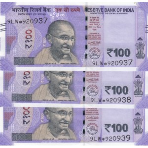 India, 100 Rupees, 2018, UNC, pNew, REPLACEMENT,  (Total 3 consecutive banknotes)