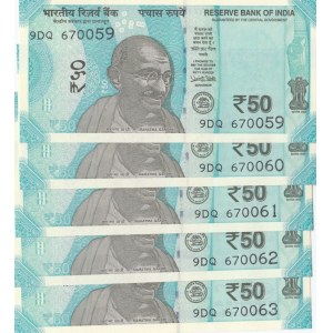 India, 50 Rupees, 2018, UNC, pNew, (Total 5 consecutive banknotes)