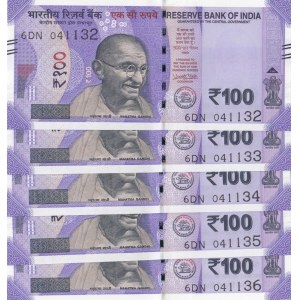 India, 100 Rupees, 2018, UNC, pNew, (Total 5 consecutive banknotes)