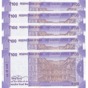 India, 100 Rupees, 2018, UNC, pNew, (Total 5 consecutive banknotes)