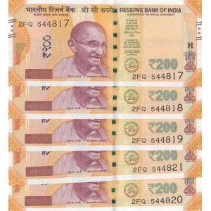 India, 200 Rupees, 2018, UNC, pNew, (Total 5 consecutive banknotes)