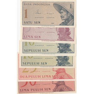 Indonesia, 1 Sen, 5 Sen, 10 Sen (2), 25 Sen and 50 Sen, 1964, UNC, p90 …p94a, (Total 6 banknotes)