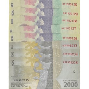 Indonesia, 1.000 Rupiah (5) and 2.000 Rupiah (3), 2000, UNC, p147, p148, (Total 8 consecutive banknotes)