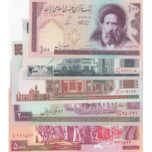 Iran, 100 Rials, 200 Rials, 1.000 Rials, 2.000 Rials and 5.000 Rials, UNC, (Total plam 5 adet banknot)