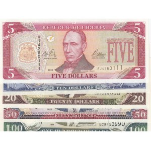 Liberia, 5 Dollars, 10 Dollars, 20 Dollars, 50 Dollars and 100 Dollars, 2003/2011, UNC, (Total 5 banknotes)