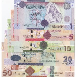 Libya, 1 Dinar, 5 Dinar, 10 Dinar, 20 Dinar and 50 Dinar, 2008, UNC, p71 …p75, (Total 5 banknotes)