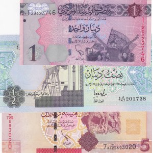 Libya, 1/2 Dinar, 1 Dinar and 5 Dinar, 1991/2013, UNC, (Total 3 banknotes)