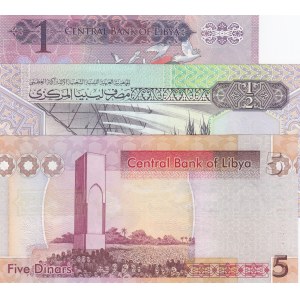Libya, 1/2 Dinar, 1 Dinar and 5 Dinar, 1991/2013, UNC, (Total 3 banknotes)