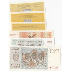 Lithuania, 0.10 Talonas, 0,20 Talonas,  0,50 Talonas, 1 Talonas and 500 Talonas (2), 1991/1993, UNC, p29, p30, p31, p39, p44, p45, (Total 6 banknotes)