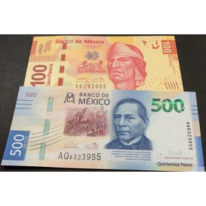 Mexico, 100 Pesos and 500 Pesos, 2015/2017, UNC, p124, pNew (Total 2 adet banknotes)