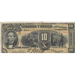 Mexico, 10 Pesos, 1913, VF, pS234u