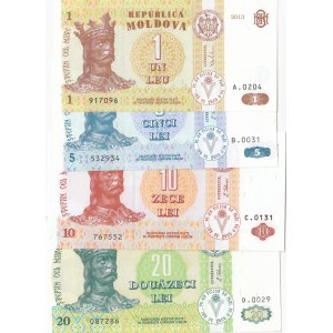 Moldova, 1 Lei, 5 Lei, 10 Lei and 20 Lei, 1995/2013, UNC, p8i, p9b, 10f, p13b, (Total 4 banknotes)