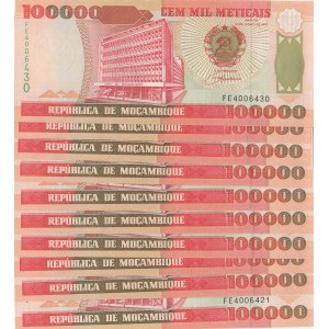 Mozambique, 100.000 Meticais, 1993, UNC, p139, (Total 10 consecutive banknotes)
