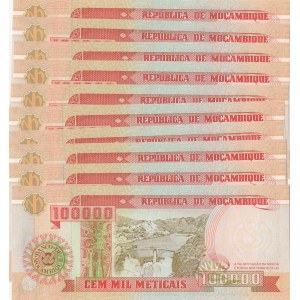 Mozambique, 100.000 Meticais, 1993, UNC, p139, (Total 10 consecutive banknotes)