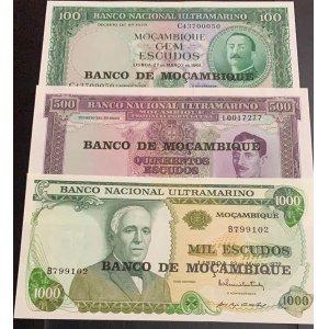 Mozambique, 100 Escudos, 500 Escudos and 1000 Escudos, 1961/1972, UNC, (Total 3 banknotes)