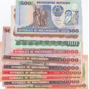 Mozambique, 50 Meticais, 100 Meticais, 500 meticais, 1000 Meticais, 50000 Meticais (3) and 100000 Meticais (3), 1983/1991, UNC, (Total 10 banknotes)