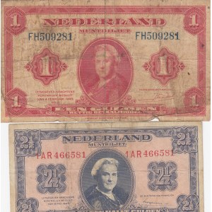 Netherlands, 1 Gulden and 2 /1/2 Gulden, 1943/1945, FINE / VF), p64, p71, (Total 2 banknotes)