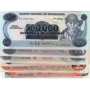 Nicaragua, 5000 Cordobas, 20000 Cordobas, 100000 Cordobas, 200000 Cordobas and 500000 Cordobas (2), UNC, (Total 6 banknotes)