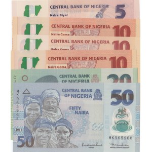 Nigeria, 5 Naira, 10 Naira (3), 20 Naira and 50 Naira, 2011/2013, UNC, (Total 6 banknotes)