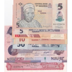 Nigeria, 5 Naira (3), 10 Naira (2), 50 Naira, 100 Naira and 1 Pound, 2001/2017, UNC, (Total 8 banknotes)