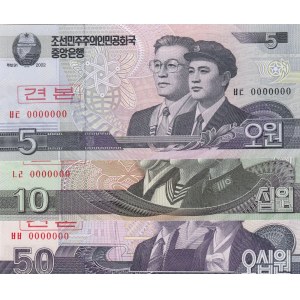 North Korea, 5 Won, 10 won and 50 Won, 2002, UNC, p58, p59, p60, SPECIMEN, (Total 3 banknotes)