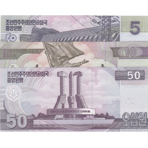 North Korea, 5 Won, 10 won and 50 Won, 2002, UNC, p58, p59, p60, SPECIMEN, (Total 3 banknotes)