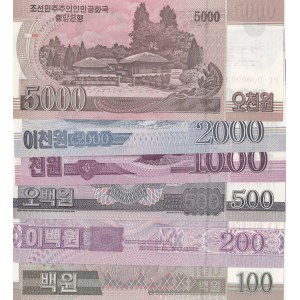 North Korea, 100 Won, 2000 Won, 500 Won, 1.000 Won, 2.000 Won and 5.000 Won, 2008, UNC, p61 …p66, SPECİMEN, (Total 6 banknotes)