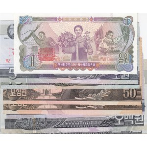 North Korea, 1 Won, 5 Won, 10 Won, 50 Won (3), 500 Won (2), 1978/2002, UNC, (Total 8 banknotes)