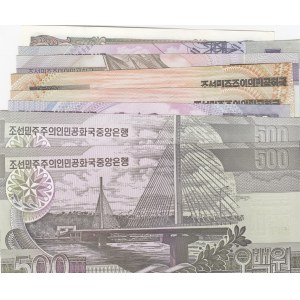 North Korea, 1 Won, 5 Won, 10 Won, 50 Won (3), 500 Won (2), 1978/2002, UNC, (Total 8 banknotes)