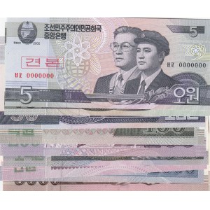 North Korea, 5 Won, 10 Won, 50 Won, 100  Won, 200 Won, 500 Won, 1.000 Won and 2.000 Won, 5.000 Won(2), 2002/2013, UNC, SPECIMEN, (Total 10 banknotes)