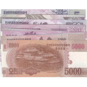 North Korea, 5 Won, 10 Won, 50 Won, 100  Won, 200 Won, 500 Won, 1.000 Won and 2.000 Won, 5.000 Won(2), 2002/2013, UNC, SPECIMEN, (Total 10 banknotes)