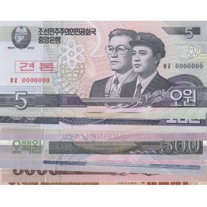 North Korea, 5 Won, 10 Won, 50 Won, 100  Won, 200 Won, 500 Won, 1.000 Won and 2.000 Won, 5.000 Won(2), 2002/2013, UNC, SPECIMEN, (Total 10 banknotes)