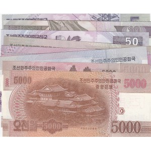North Korea, 5 Won, 10 Won, 50 Won, 100  Won, 200 Won, 500 Won, 1.000 Won and 2.000 Won, 5.000 Won(2), 2002/2013, UNC, SPECIMEN, (Total 10 banknotes)