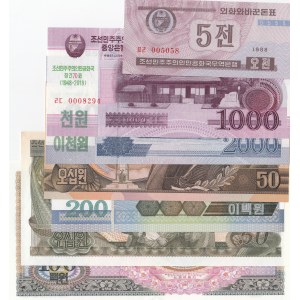 North Korea, 5 Won, 50 Won (2), 100 Won, 200 Won, 1000  Won and 2000 Won, 1978/2008, UNC, (Total 7 banknotes)